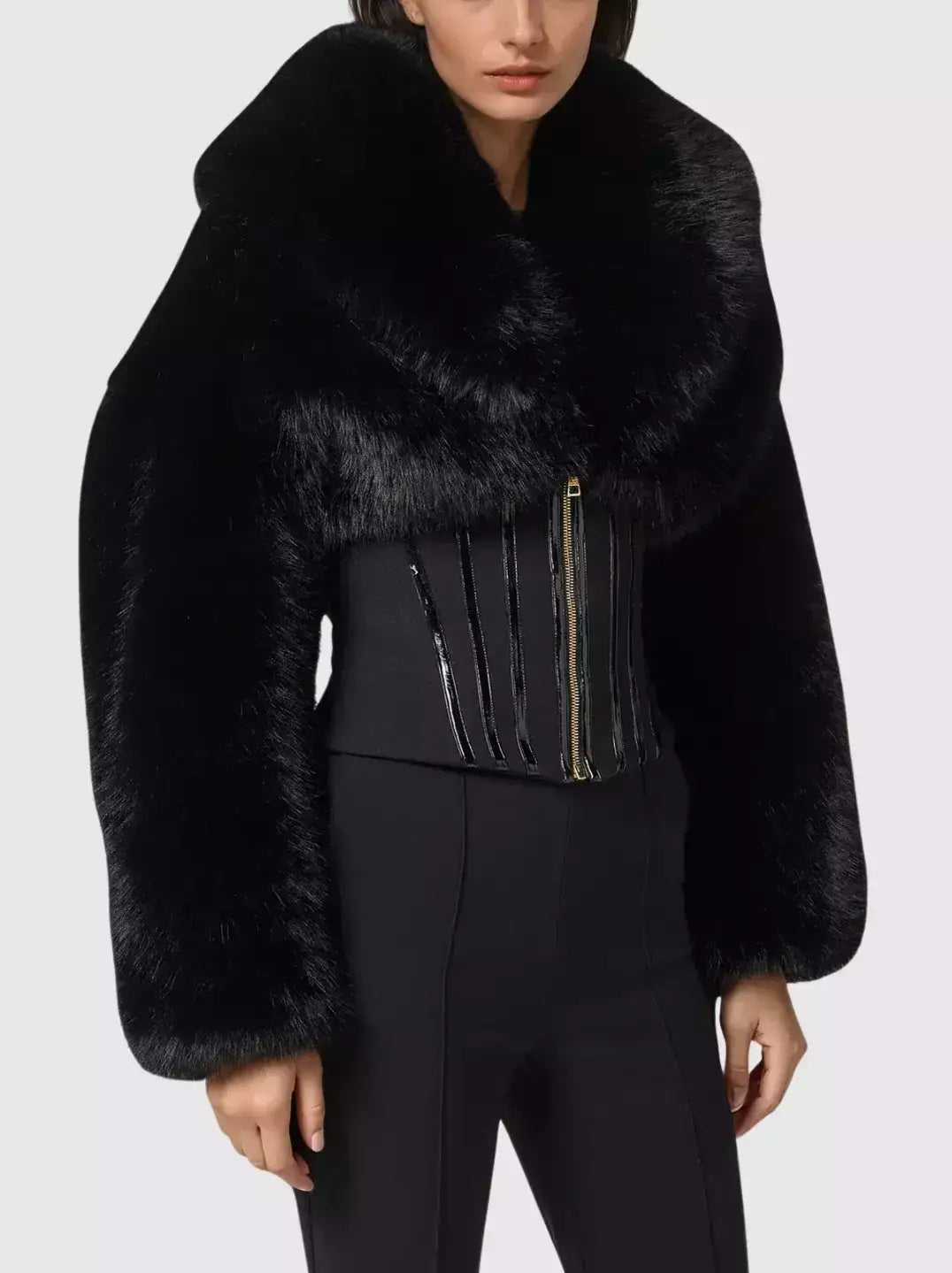 Black Faux-Fur Jacket with Corset Waist - Jackets