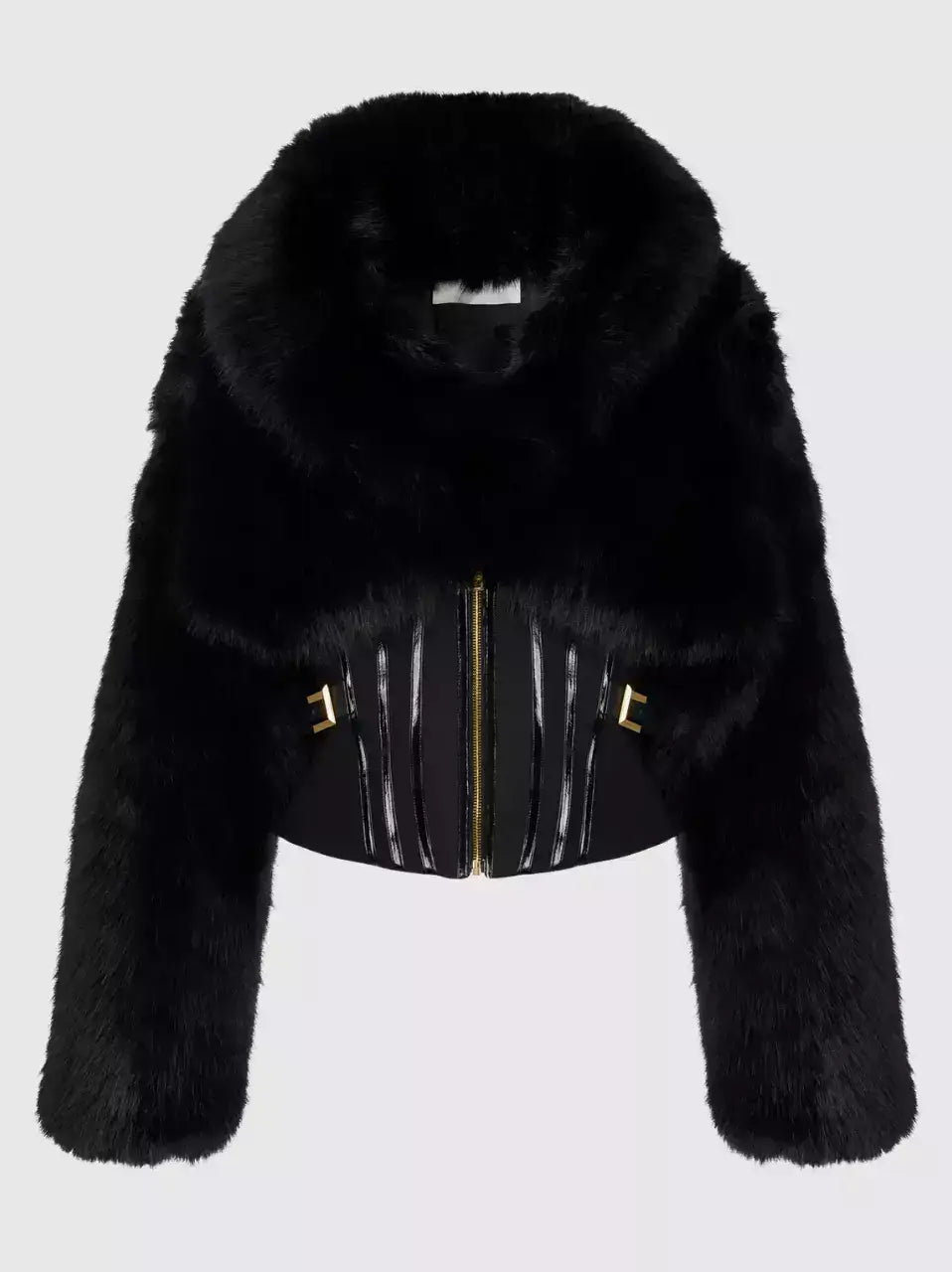 Black Faux-Fur Jacket with Corset Waist - Jackets