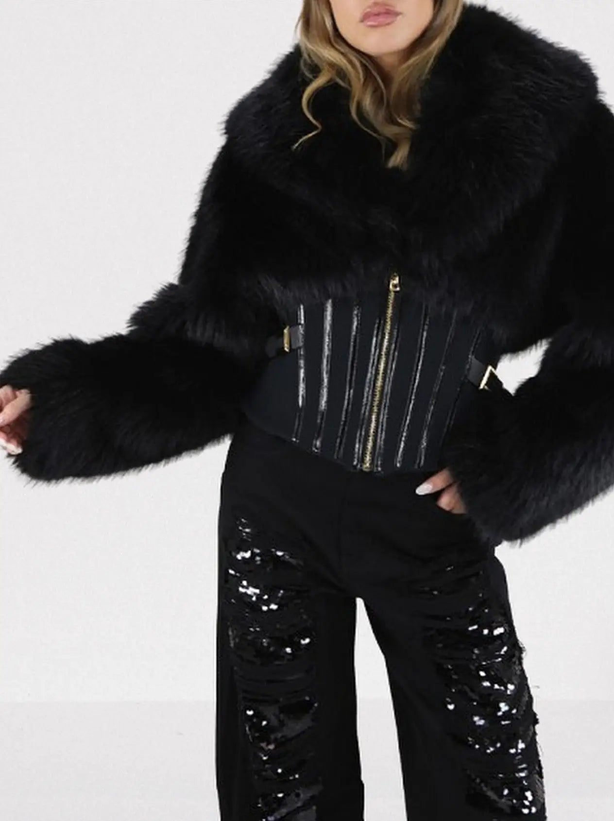 Black Faux-Fur Jacket with Corset Waist - Jackets