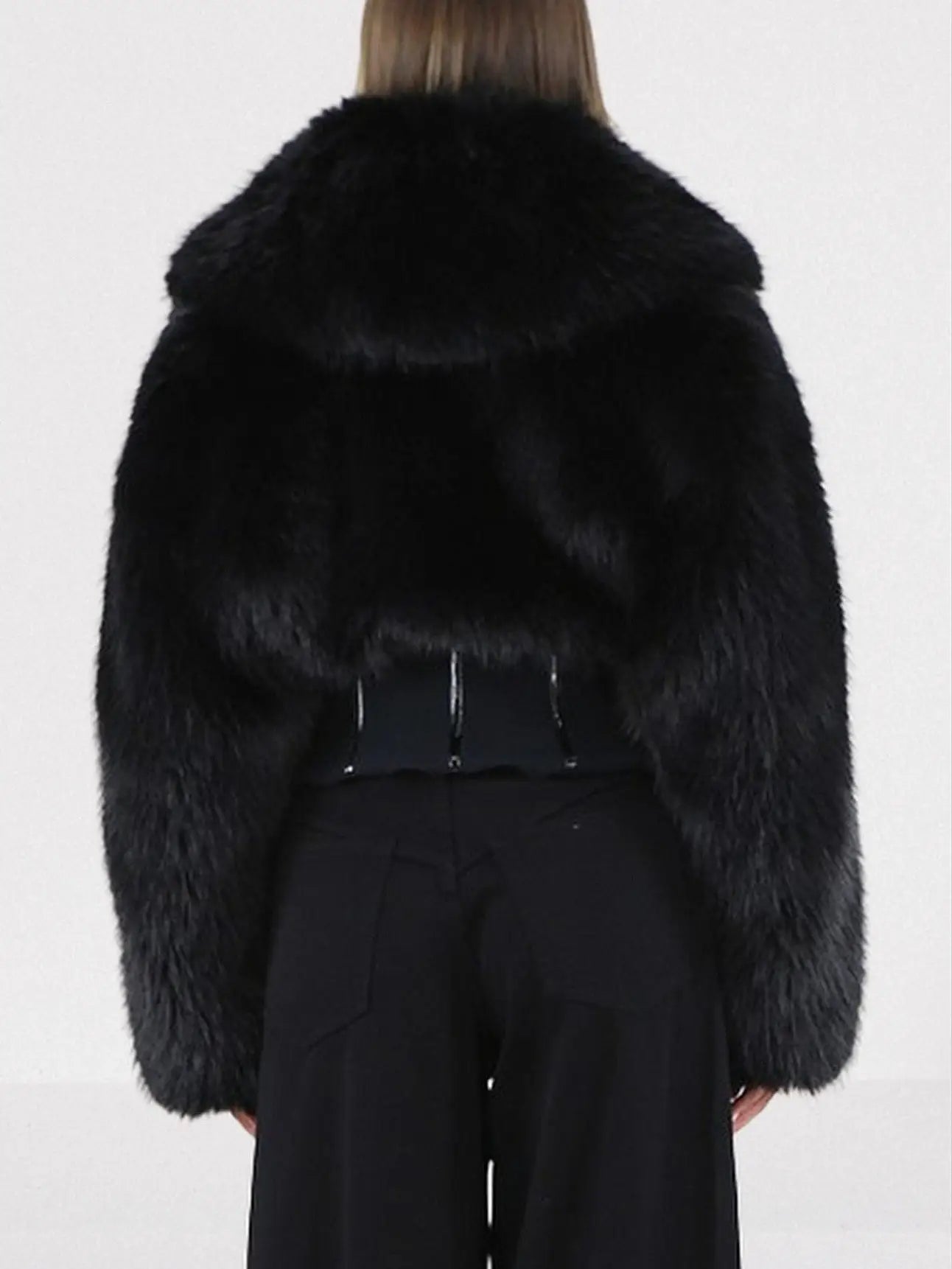 Black Faux-Fur Jacket with Corset Waist - Jackets