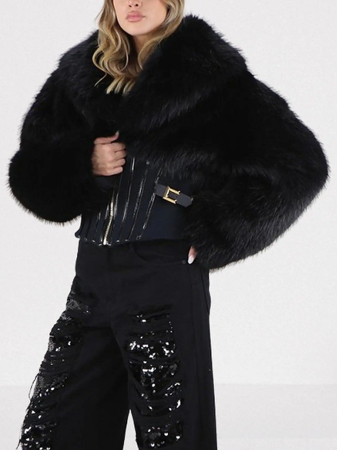 Black Faux-Fur Jacket with Corset Waist - Jackets