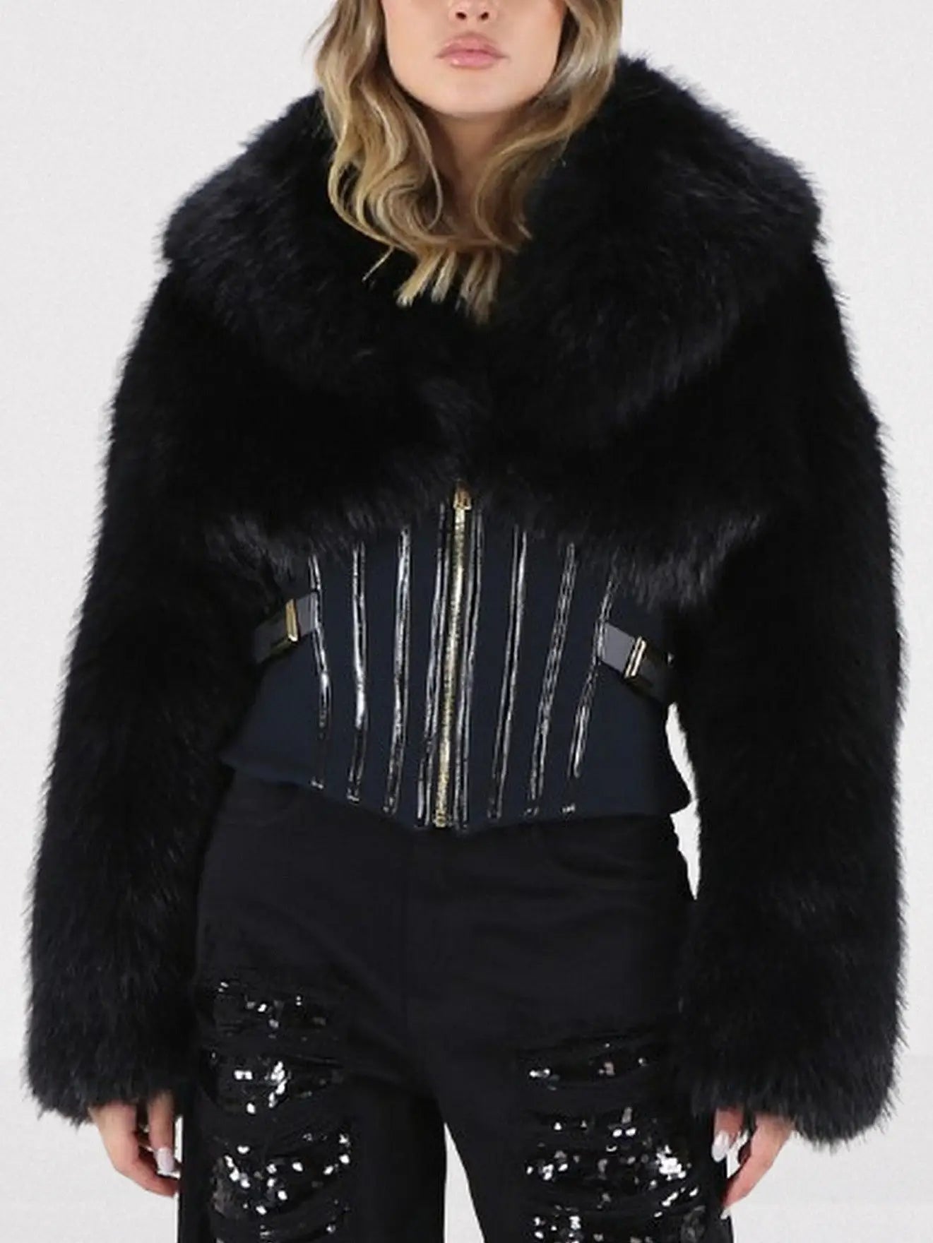 Black Faux-Fur Jacket with Corset Waist - Jackets