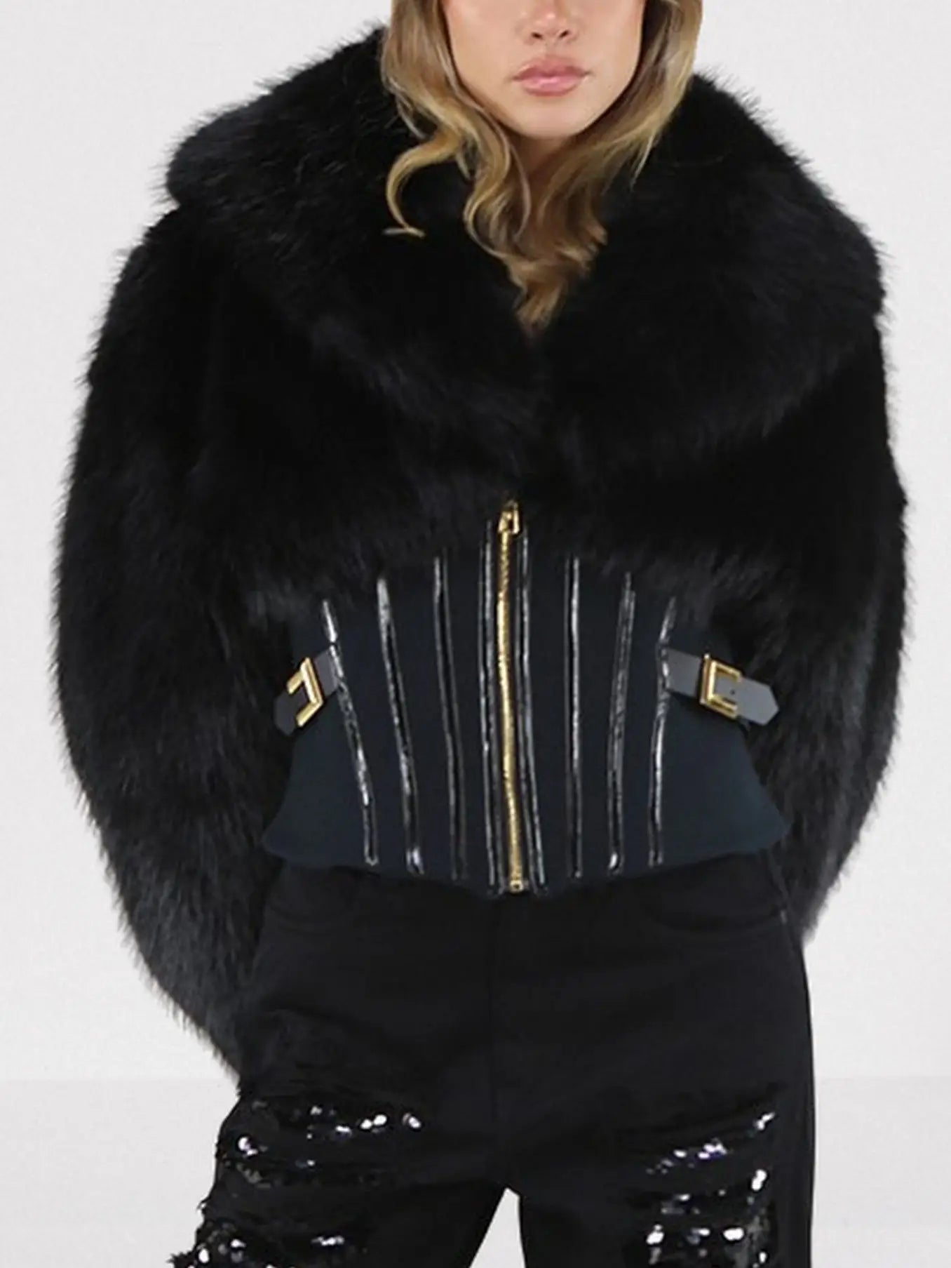 Black Faux-Fur Jacket with Corset Waist - Jackets