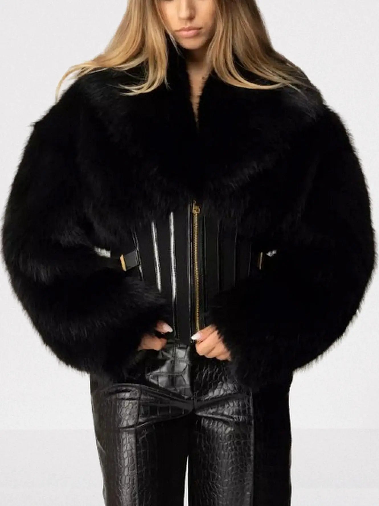 Black Faux-Fur Jacket with Corset Waist - Jackets
