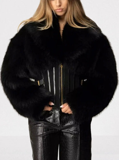 Black Faux-Fur Jacket with Corset Waist - Jackets