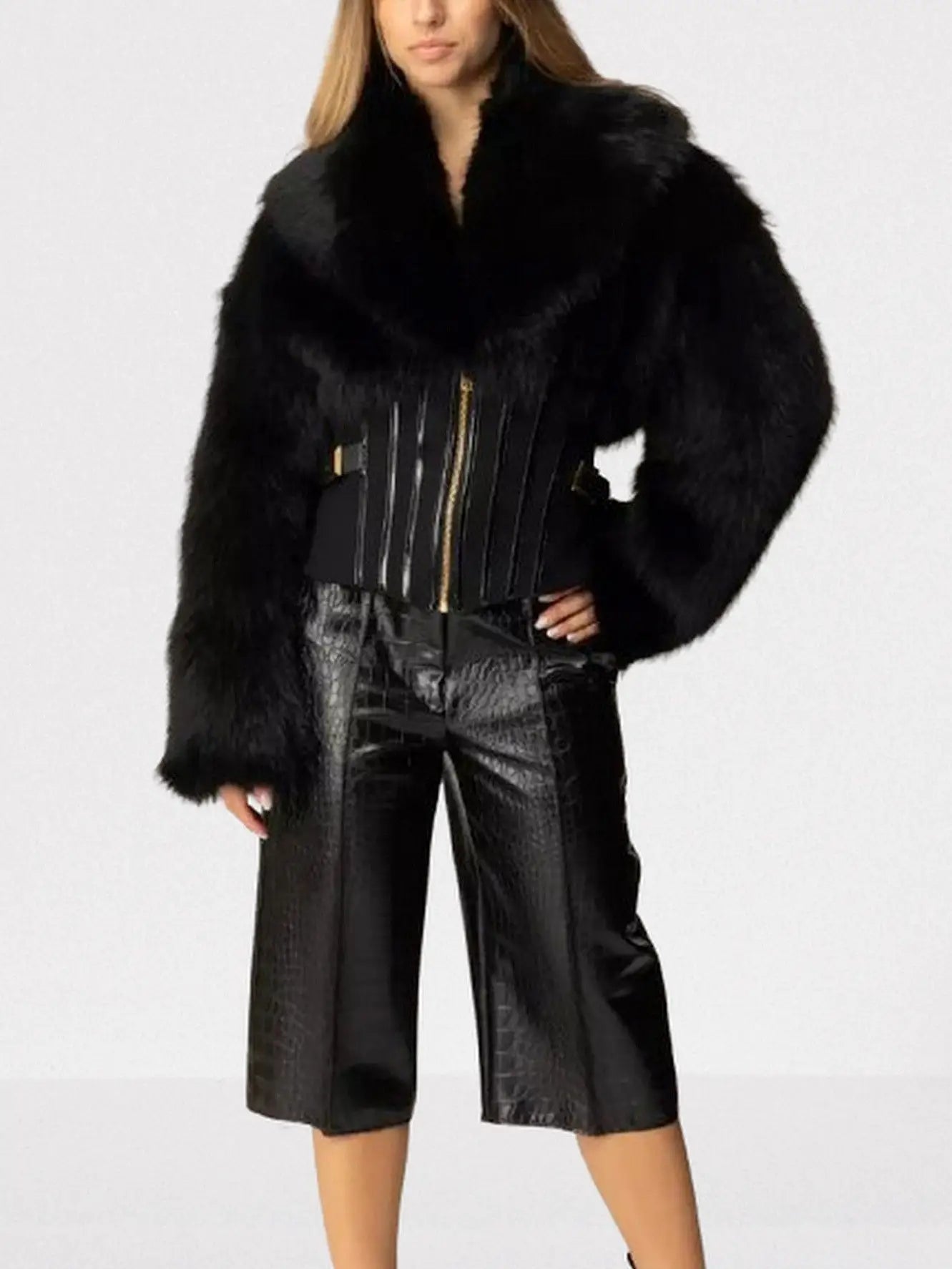 Black Faux-Fur Jacket with Corset Waist - Jackets