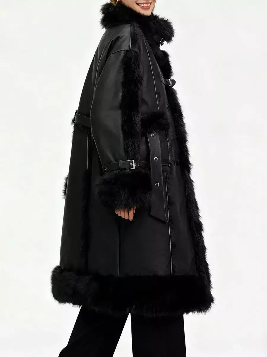Black Faux-Leather Coat with Faux-Fur Trim - Coats