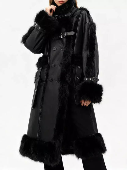 Black Faux-Leather Coat with Faux-Fur Trim - Coats