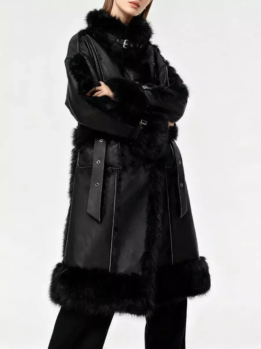 Black Faux-Leather Coat with Faux-Fur Trim - Coats