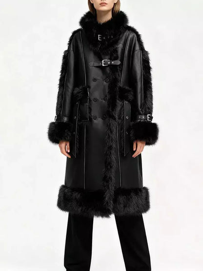 Black Faux-Leather Coat with Faux-Fur Trim - Coats