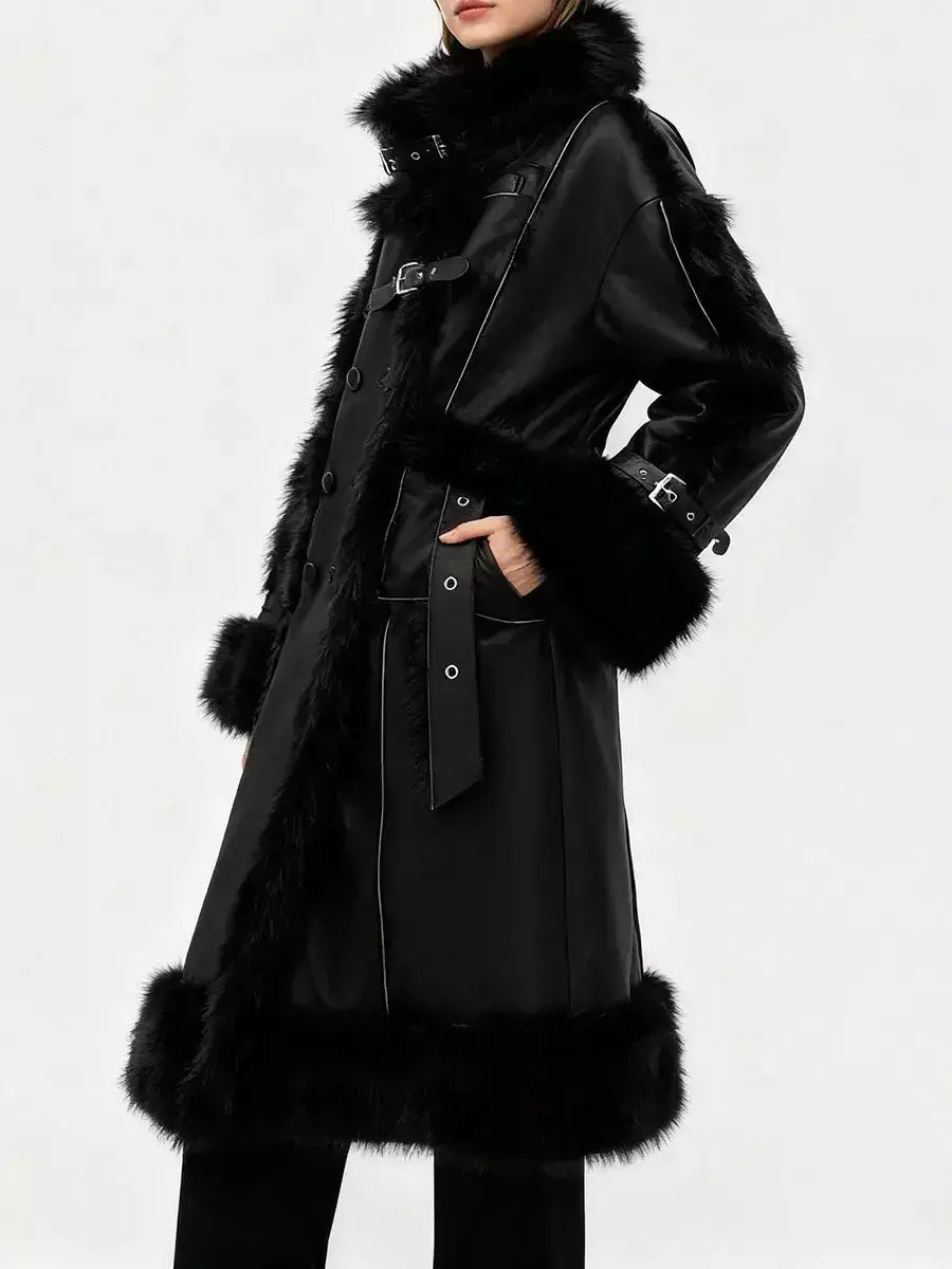 Black Faux-Leather Coat with Faux-Fur Trim - Coats