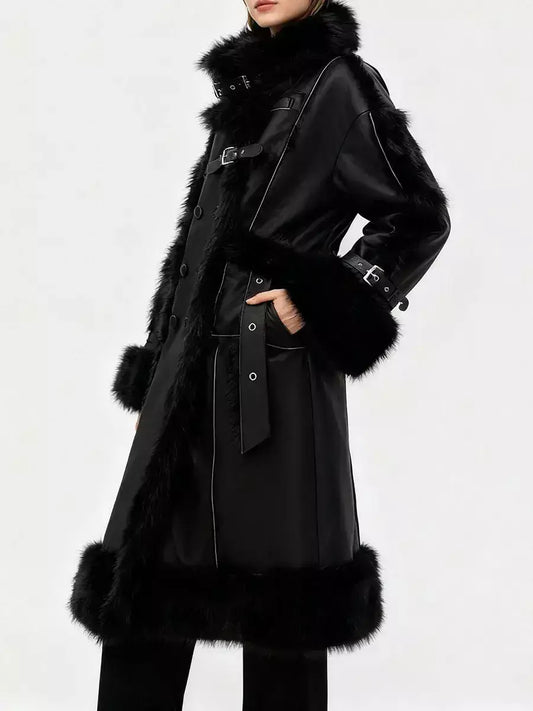 Black Faux-Leather Coat with Faux-Fur Trim - Coats