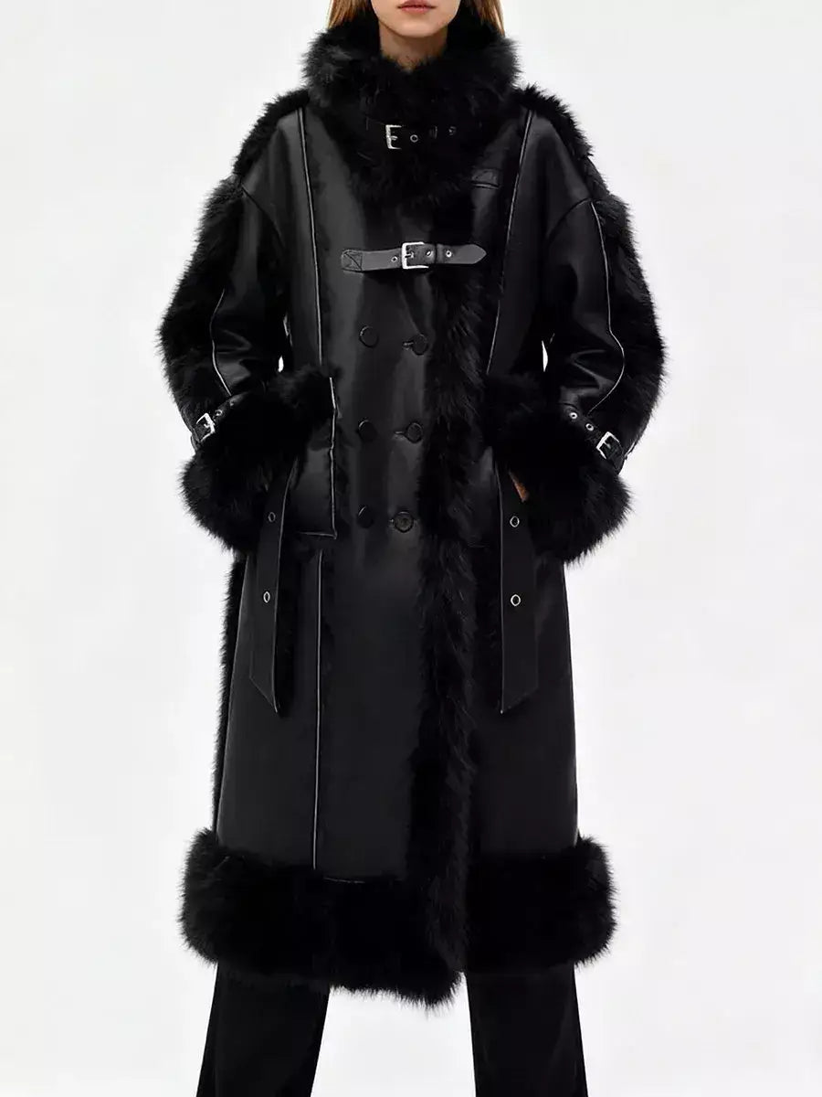 Black Faux-Leather Coat with Faux-Fur Trim - Coats
