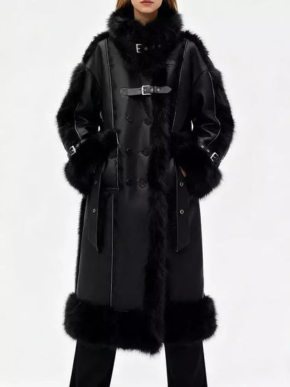 Black Faux-Leather Coat with Faux-Fur Trim - Coats