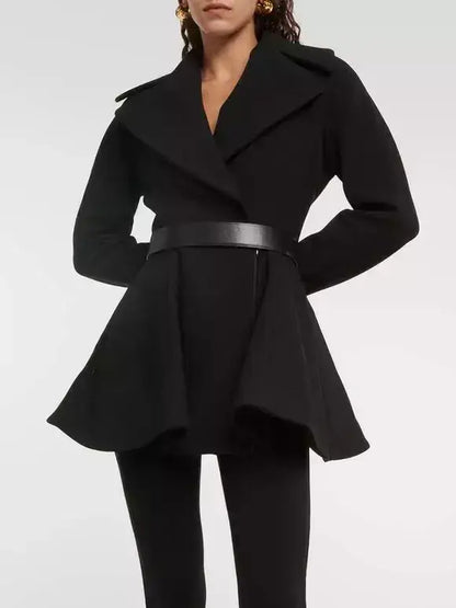 Black Flared Short Wool Coat - Coats