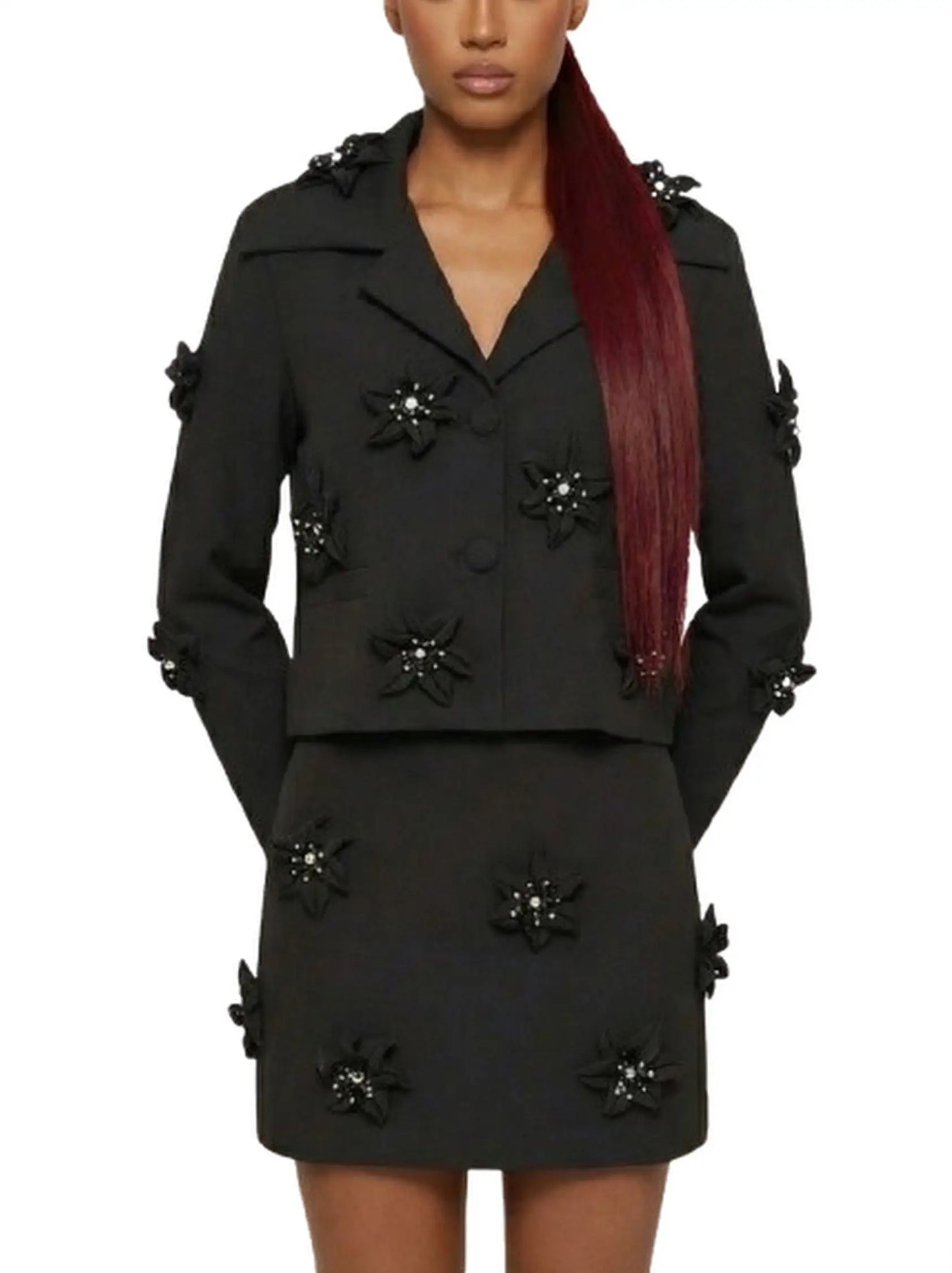 Black Floral-Embellished Blazer and Skirt Set - Suits & Sets