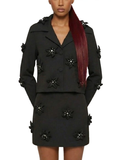 Black Floral-Embellished Blazer and Skirt Set - Suits & Sets
