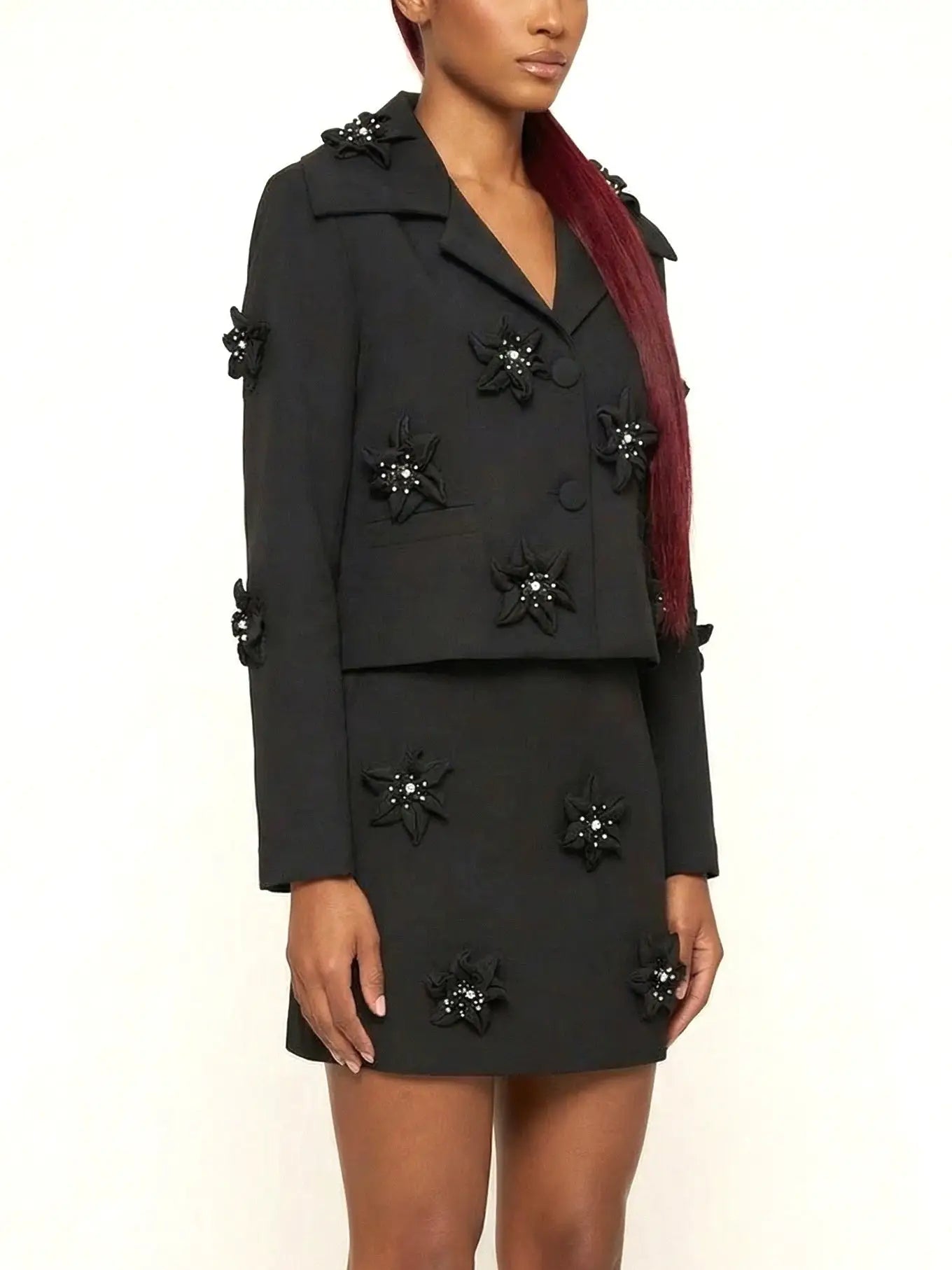 Black Floral-Embellished Blazer and Skirt Set - Suits & Sets