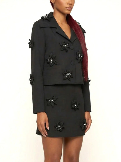 Black Floral-Embellished Blazer and Skirt Set - Suits & Sets