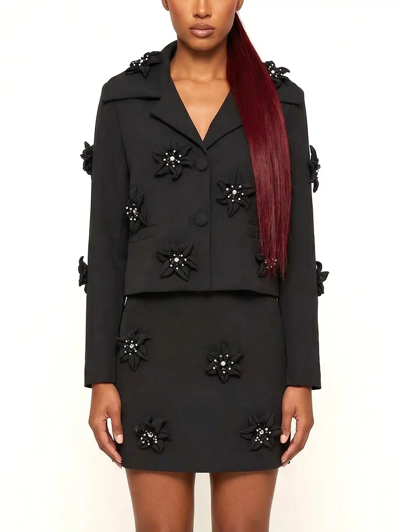 Black Floral-Embellished Blazer and Skirt Set - Suits & Sets
