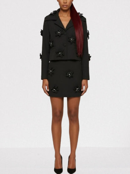 Black Floral-Embellished Blazer and Skirt Set - Suits & Sets
