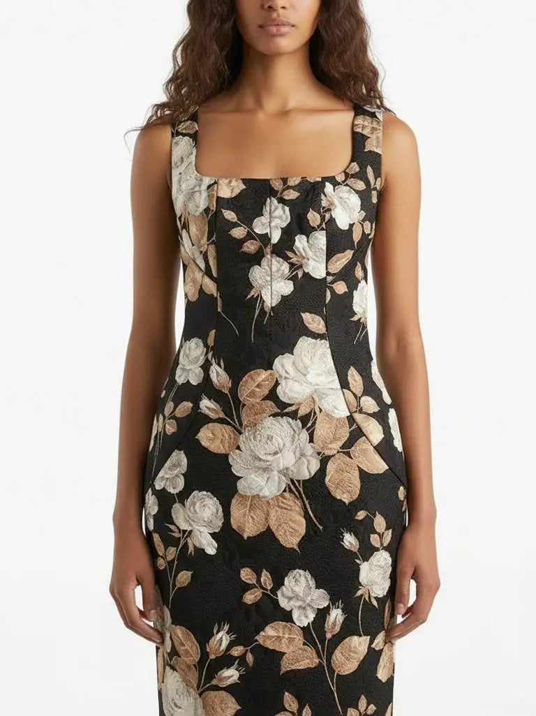 Black Floral Jacquard Midi Dress - Dresses