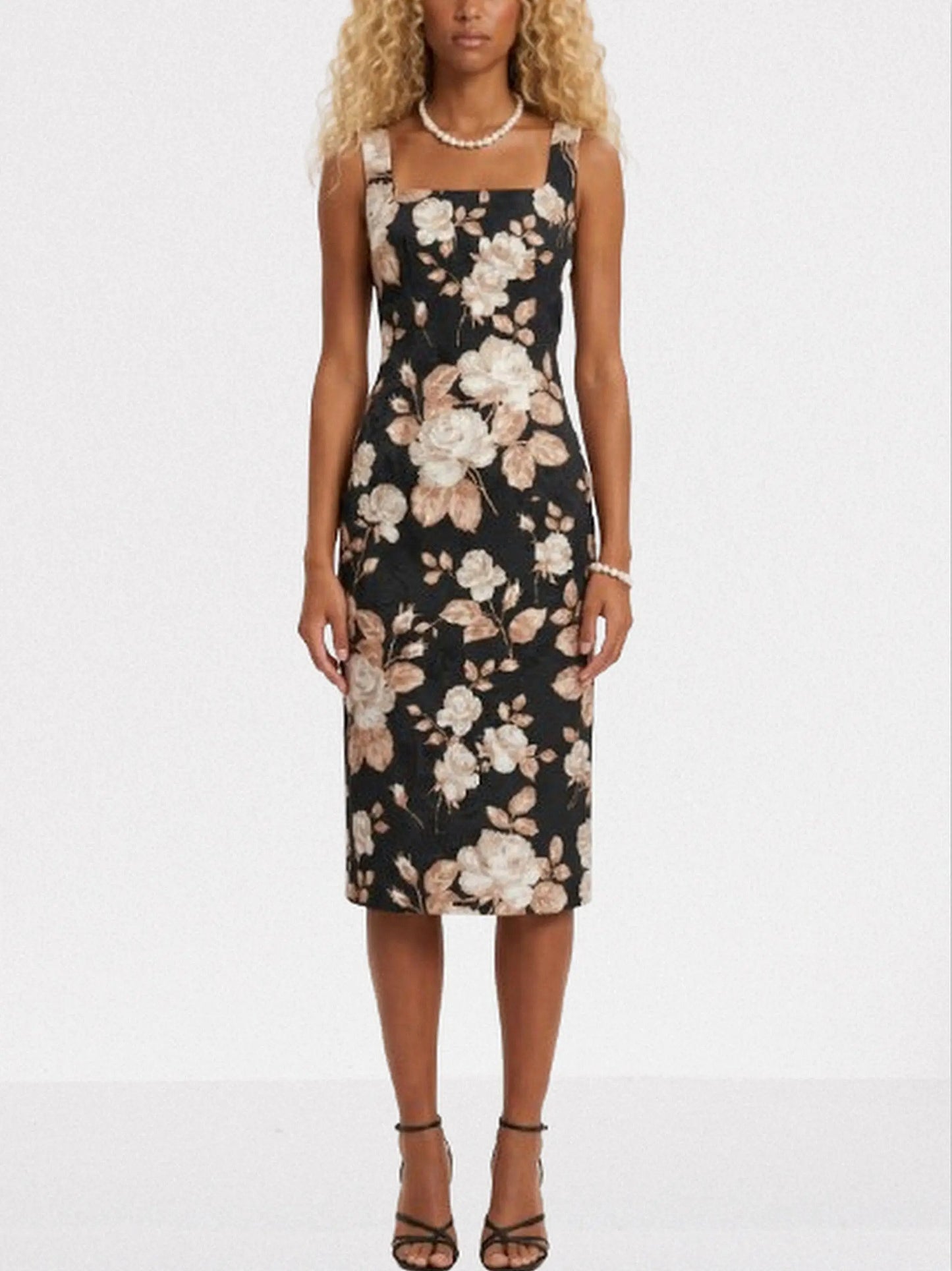 Black Floral Jacquard Midi Dress - Dresses