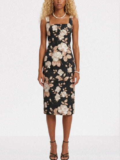 Black Floral Jacquard Midi Dress - Dresses