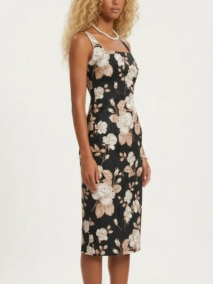 Black Floral Jacquard Midi Dress - Dresses
