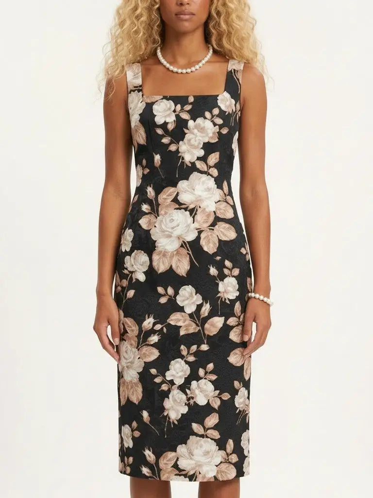 Black Floral Jacquard Midi Dress - Dresses