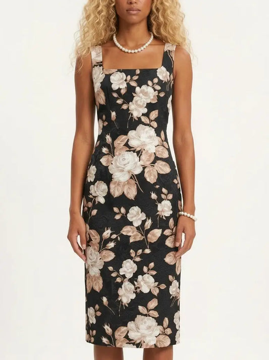Black Floral Jacquard Midi Dress - Dresses