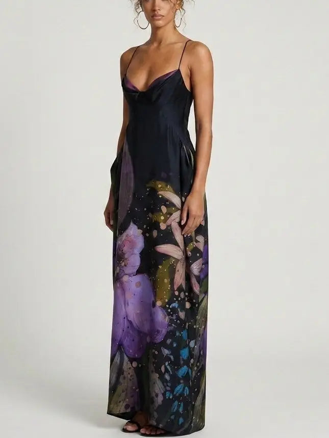 Black Floral Print Strappy Open Back Maxi Dress - Dresses