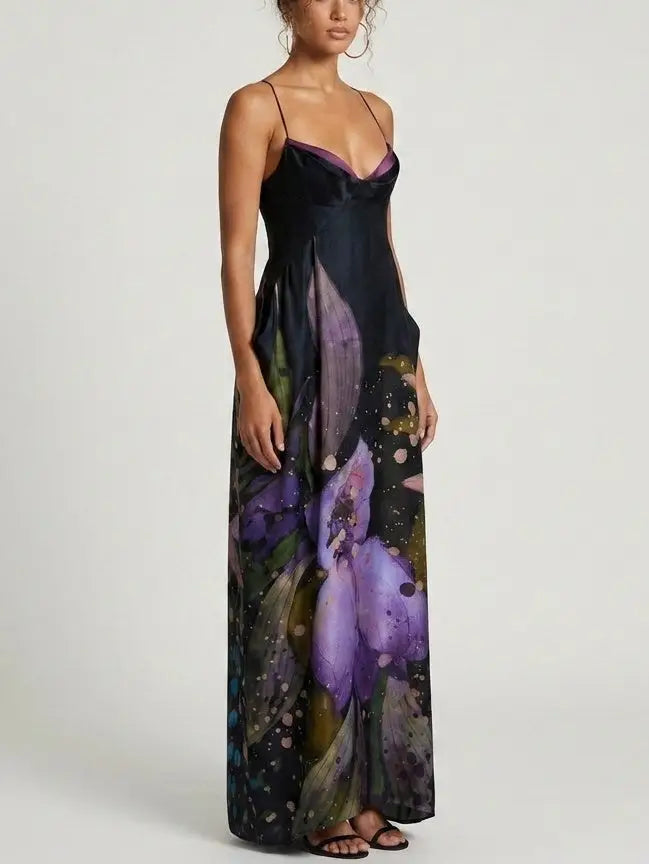 Black Floral Print Strappy Open Back Maxi Dress - Dresses