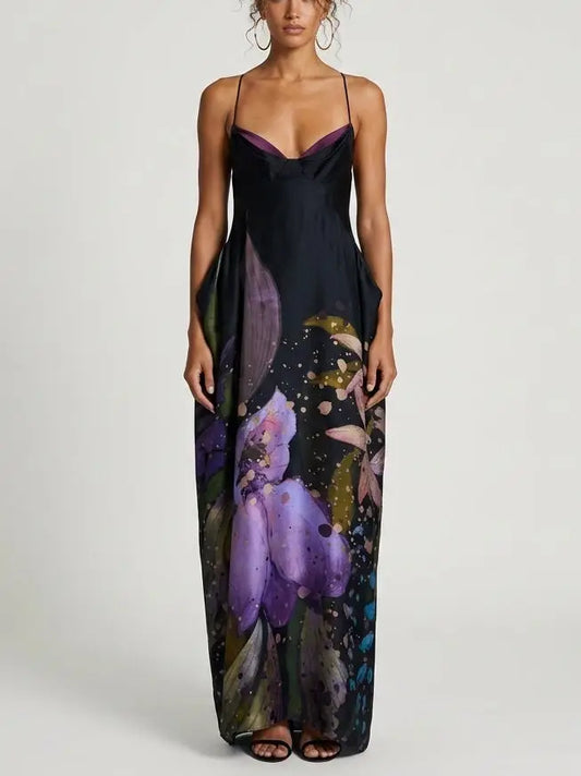 Black Floral Print Strappy Open Back Maxi Dress - Dresses