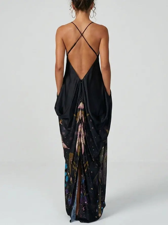 Black Floral Print Strappy Open Back Maxi Dress - Dresses