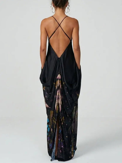 Black Floral Print Strappy Open Back Maxi Dress - Dresses
