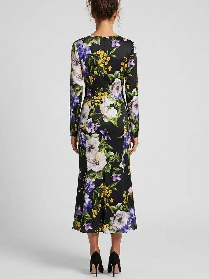 Black Floral Silk Long Sleeve Midi Dress - Dresses