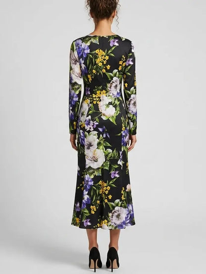 Black Floral Silk Long Sleeve Midi Dress - Dresses