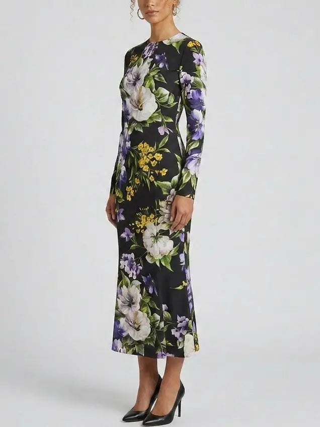 Black Floral Silk Long Sleeve Midi Dress - Dresses