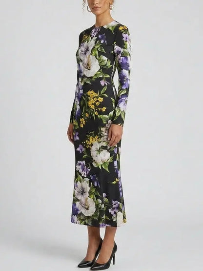 Black Floral Silk Long Sleeve Midi Dress - Dresses