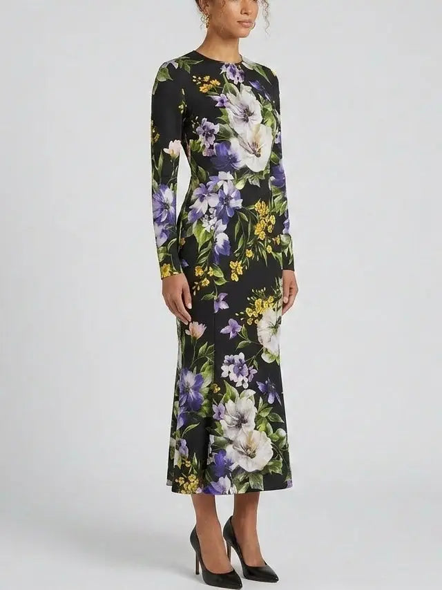 Black Floral Silk Long Sleeve Midi Dress - Dresses