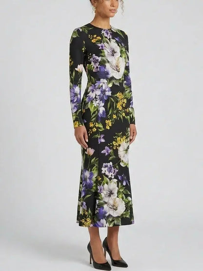 Black Floral Silk Long Sleeve Midi Dress - Dresses