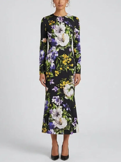 Black Floral Silk Long Sleeve Midi Dress with Stretch