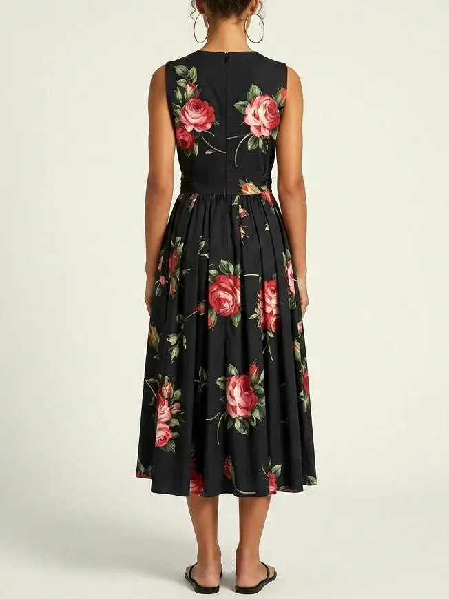 Black Floral Sleeveless Flared Midi Dress - Dresses