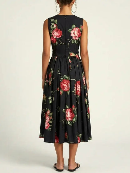 Black Floral Sleeveless Flared Midi Dress - Dresses