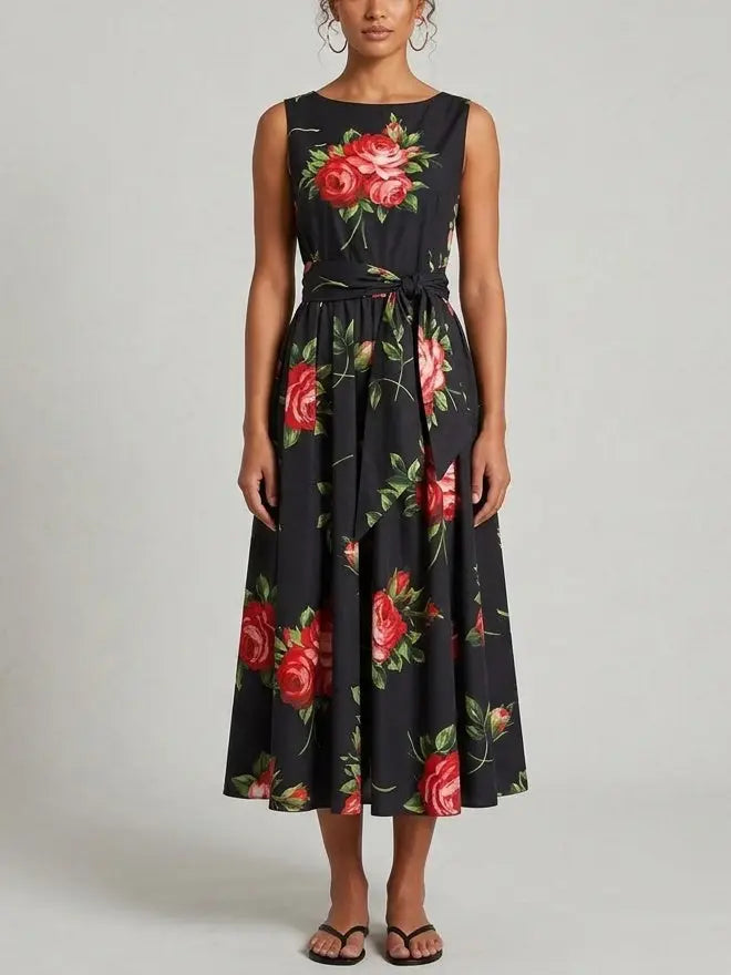 Black Floral Sleeveless Flared Midi Dress - Dresses