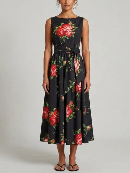 Black Floral Sleeveless Flared Midi Dress - Dresses