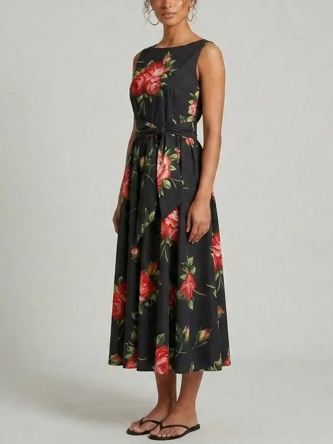 Black Floral Sleeveless Flared Midi Dress - Dresses