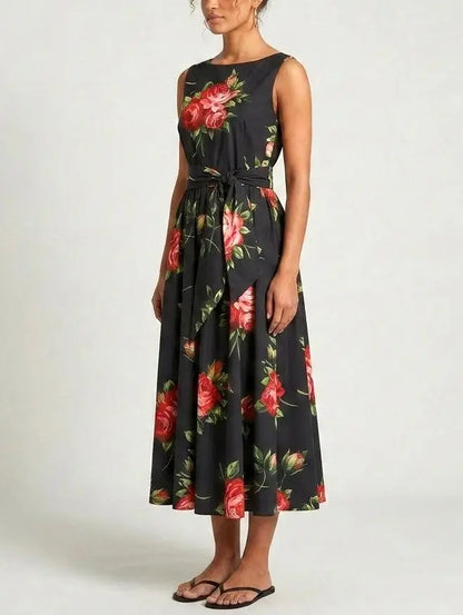 Black Floral Sleeveless Flared Midi Dress - Dresses