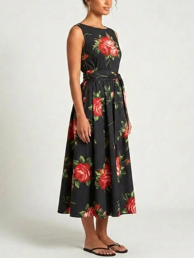 Black Floral Sleeveless Flared Midi Dress - Dresses
